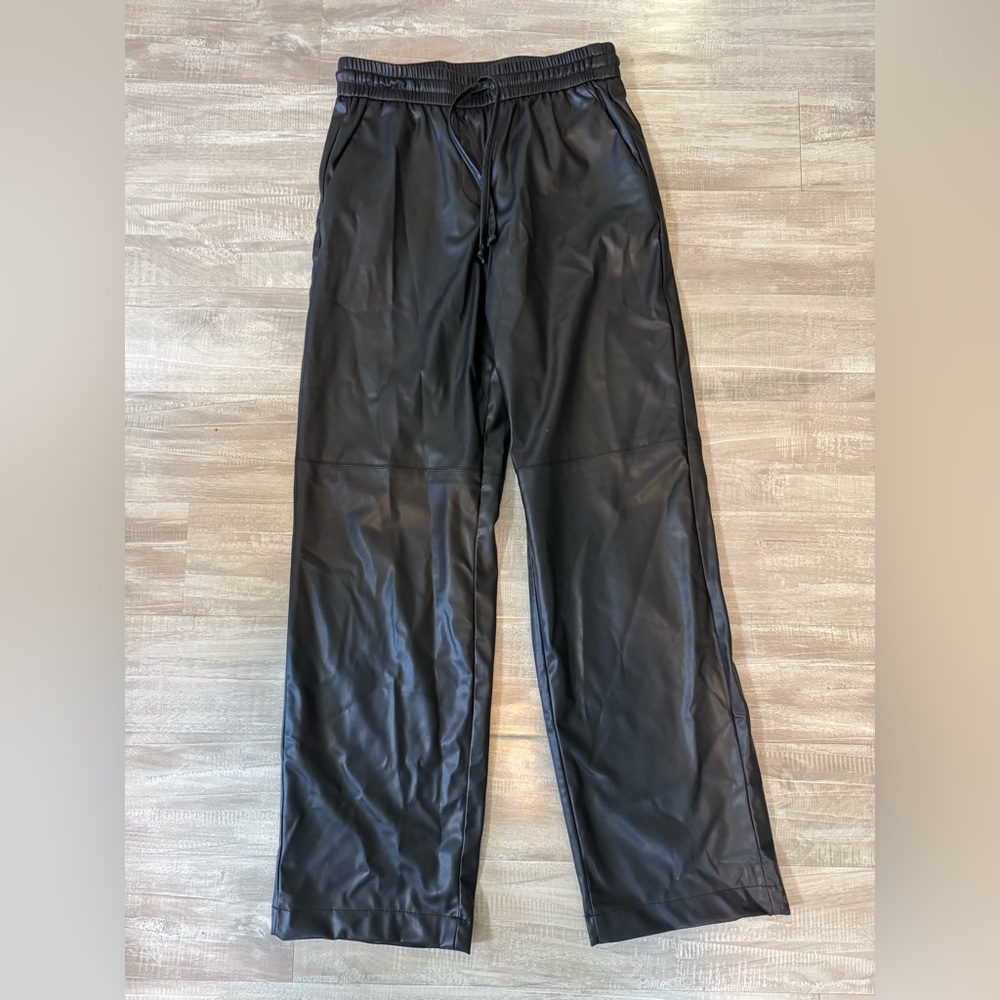 Zara Black Wide Leg Drawstring Leather Pants